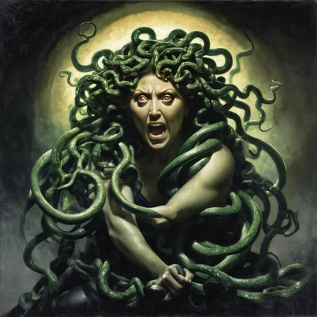 Painting of medusa, scary dark light <lora:Acdemical_paintings_of_Henryk_Siemiradzki:1>