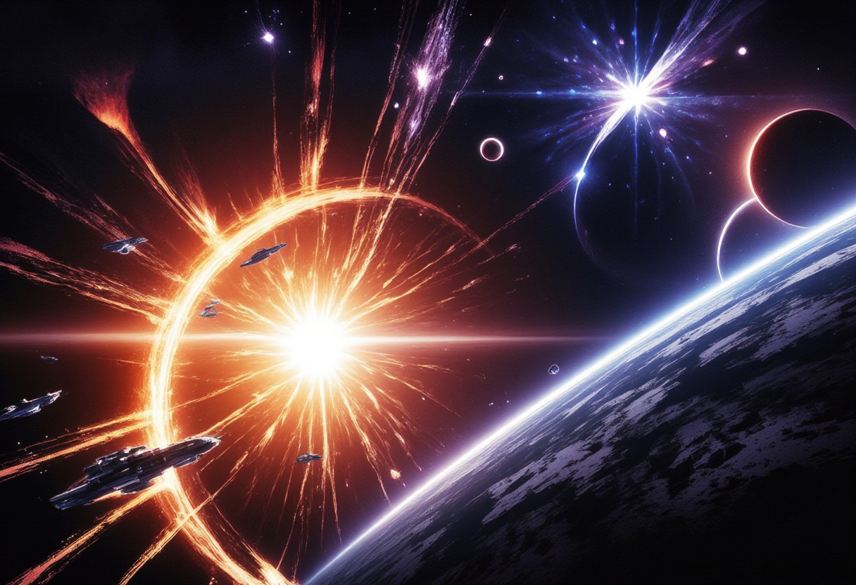 space battle between two fleets, on the background of a gas giant. many ships and explosions. space anomalies. [Carne Griffiths],[Conrad Roset],((migrainzxxl)) [Brian Kesinger] cinematic lighting, highly detailed, breathtaking,high resolution, colorful accent colors,
