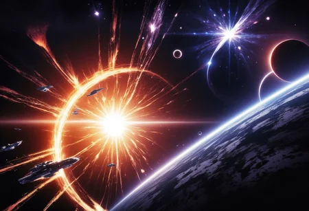 space battle between two fleets, on the background of a gas giant. many ships and explosions. space anomalies. [Carne Griffiths],[Conrad Roset],((migrainzxxl)) [Brian Kesinger] cinematic lighting, highly detailed, breathtaking,high resolution, colorful accent colors,