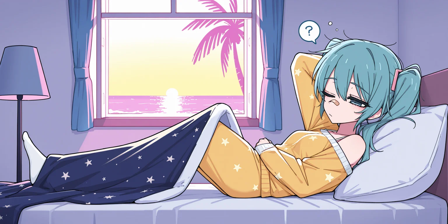1girl, hatsune miku, twintails, long hair, small breasts, bangs,  shirt, long sleeves, no shoes, sweater, blue shirt, white socks, blue sweater, aqua hair, bandaid, bandaid on nose, tenshi kaiwai, off-shoulder shirt, white shirt, yellow pajamas,
arm behind head, knees up, on bed, indoors, curtains, :/, (morning, light rays:1.05), (bedside lamp:0.9), outside the window a palm tree, (beach, ocean:0.9), window, (sleepy:1.05), one eye closed, holding blanket, spoken question mark, cozy, (dark blue blanket, star print blanket:1.05), white pillow, white bed sheet, pastel colors, white purple theme, (from side:0.9),
rating safe, caststation illu,
masterpiece, best quality, amazing quality, highres, newest,  <lora:[illustrious]_caststation_illustration_v1_(MikuMasterRace):1.0>