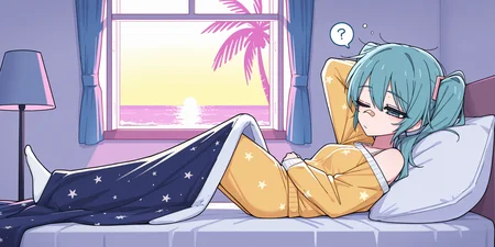 1girl, hatsune miku, twintails, long hair, small breasts, bangs,  shirt, long sleeves, no shoes, sweater, blue shirt, white socks, blue sweater, aqua hair, bandaid, bandaid on nose, tenshi kaiwai, off-shoulder shirt, white shirt, yellow pajamas,
arm behind head, knees up, on bed, indoors, curtains, :/, (morning, light rays:1.05), (bedside lamp:0.9), outside the window a palm tree, (beach, ocean:0.9), window, (sleepy:1.05), one eye closed, holding blanket, spoken question mark, cozy, (dark blue blanket, star print blanket:1.05), white pillow, white bed sheet, pastel colors, white purple theme, (from side:0.9),
rating safe, caststation illu,
masterpiece, best quality, amazing quality, highres, newest,  <lora:[illustrious]_caststation_illustration_v1_(MikuMasterRace):1.0>