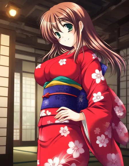 score_9, score_8_up, score_7_up, source_anime, rating_explicit, BREAK <lora:Yotsutani_Asako_Ver2.0_XL:1> YotsutaniAsako, solo, brown hair, green eyes, large breasts, long hair,
japanese clothes, kimono, closed eyes, smile, obi, red kimono, sash, long sleeves, floral print, blush
Japan room,
smile,
looking at viewer,
cowboy_Shot,