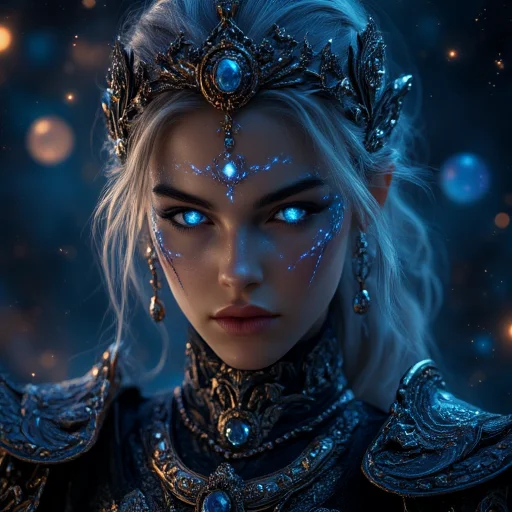 Gorgeous Galactic, A majestic galactic female warrior with glowing ethereal tattoos and ornate jewelry made of crystal and metal alloys. Her eyes shine like twin stars, and her armor is crafted with cosmic materials, glowing softly with blue and gold highlights. Her head is adorned with a crown of floating jewels that orbit her like miniature planets. The scene is set against a galactic nebula, with swirling colors and stars forming a divine backdrop. The lighting is dramatic, highlighting the radiant details of her body art and jewelry. Shot from a medium-close perspective to showcase her regal, otherworldly presence.