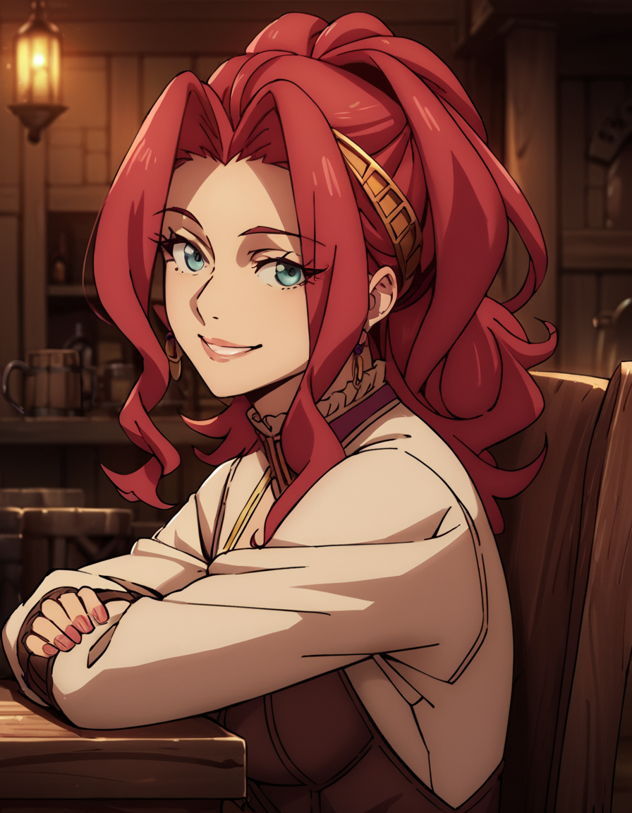 score_9, score_8_up, score_7_up, score_6_up, score_5_up, score_4_up, source_anime,  Malty, red hair,  portrait, sitting, tavern, smile