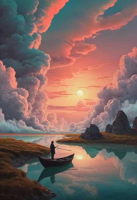 (art by Eduard Wilhelm Pose and Master of the Holy Blood and Ivan Bilibin:1.1)(oxygen-rich air and sheltered atmosphere,, aesthetic of hard - edge painting:0.1) (ingenious opus magnum by Michael Vincent Manalo and Elvira Vigna:1.2), (pastel oil painting:0.1) The sky is filled with swirling clouds, vivid colors, and ethereal light, reminiscent of Beksinski's abstract paintings. A silhouette figure lies within each frame, their form blending with the surreal beauty of the sky. The post-processing enhances the dreamlike quality, adding a soft focus and a subtle glow to the ethereal light, creating a sense of otherworldly peace.