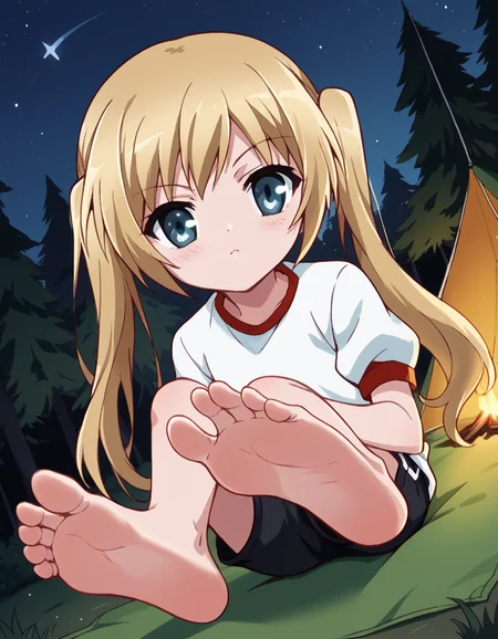 score_9, score_8_up, score_7_up, source_anime, <lora:maho-misawa-s1-ponyxl-lora-nochekaiser:1>, maho misawa, long hair, blue eyes, blonde hair, twintails,, gym uniform, shorts, black shorts, dolphin shorts, camping, bonfire, tent, stargazing, marshmallows, forest clearing, night, , <lora:the-pose-ponyxl-lora-nochekaiser:1>, the pose, on stomach, feet up, lying, soles, feet, legs up, head rest, barefoot, looking at viewer, solo,, dutch angle, cowboy shot