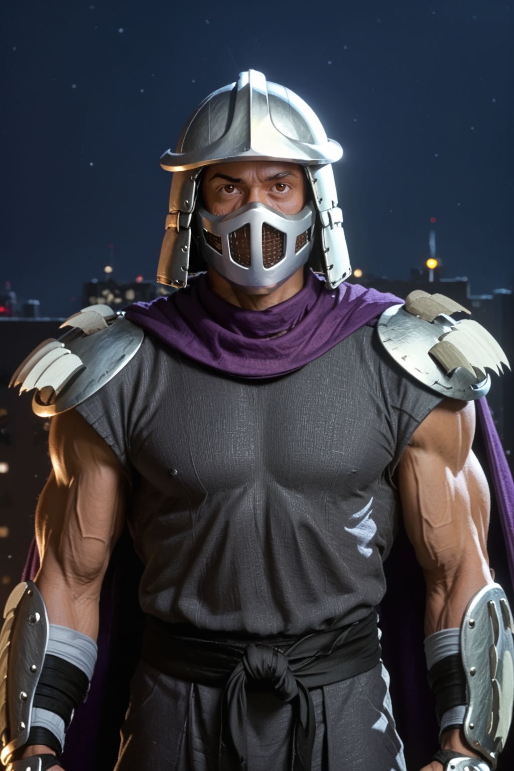 score_9, score_8_up, score_7_up, masterpiece, high quality, ((upper body shot, front view)), TMNT1987 style,
a TMNT1987_Shredder 1man armored samurai knight with claw gauntlets, wearing a dark outfit and purple cape with pauldrons and metal samurai helmet with mask, (skinny, muscular, fitness physique), <lora:TMNTShredder_Pony_v3:1>
(standing, fight stance, martial arts pose)
((on a city rooftop, at night)), dark sky, city lights, skyscrapers in background
dynamic lighting, shadows, cinematic