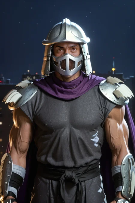 score_9, score_8_up, score_7_up, masterpiece, high quality, ((upper body shot, front view)), TMNT1987 style,
a TMNT1987_Shredder 1man armored samurai knight with claw gauntlets, wearing a dark outfit and purple cape with pauldrons and metal samurai helmet with mask, (skinny, muscular, fitness physique), <lora:TMNTShredder_Pony_v3:1>
(standing, fight stance, martial arts pose)
((on a city rooftop, at night)), dark sky, city lights, skyscrapers in background
dynamic lighting, shadows, cinematic