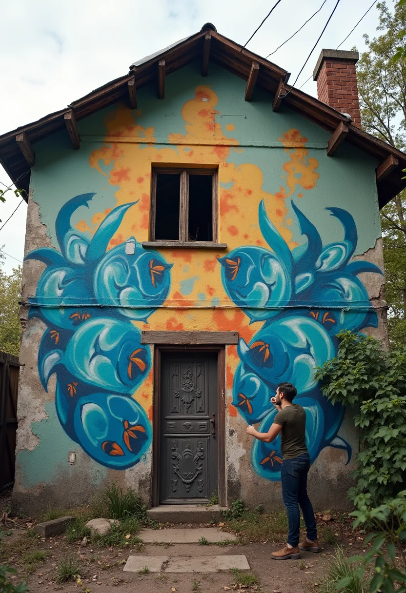 A street artist creates a masterpiece on the wall of an old dilapidated house.