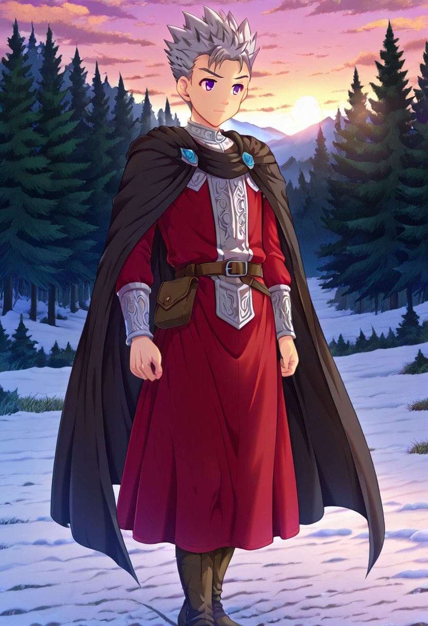 shizuki_takeyo, grey hair, light purple eyes, short hair, spiked hair, 1boy, solo, male focus, wearing intricate Scandinavian royal medieval outfit, noble and elegant, long cloak with silver embroidery, leather belts and armor accents, standing in a misty Nordic forest, soft snow on the ground, twilight sky, ancient runestones nearby, cinematic lighting, detailed background, fantasy style, high quality,