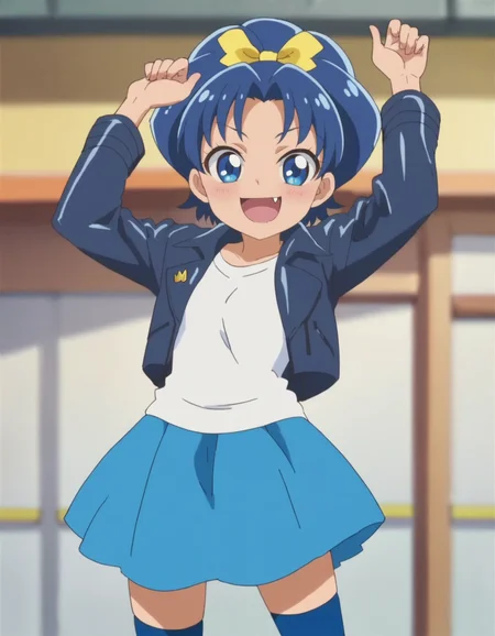 score_9, score_8_up, score_7_up, anime screencap, solo,1girl, tategamiaoi,blue thighhighs, skirt,smile,leather jacket, zettai ryouiki, blue skirt, looking at viewer, shirt, ribbon, happy, bow,cowboy shot,small breasts,blush,fang<lora:tategamiaoi:0.8>