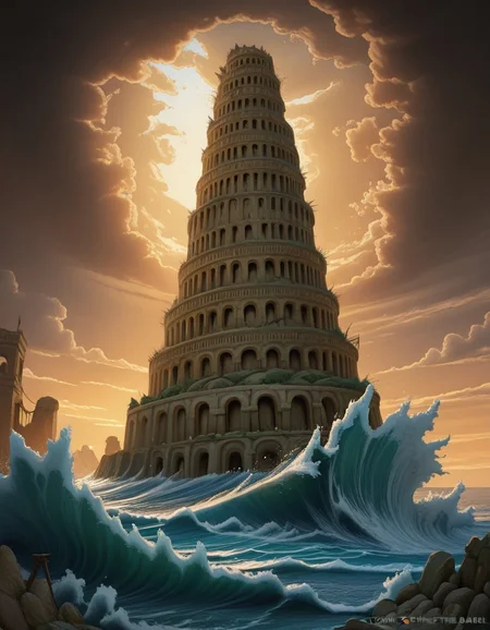 <lora:Tower_of_Babel:1> tower of babel ,rising from the ocean, waves crashing against the base, dramatic lighting, ancient ruins, epic fantasy style, no watermark, no text,masterpiece,best quality,amazing quality