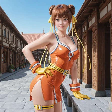 (masterpiece, best quality,realistic,from side:1.3),absurdres,(looking at viewer, collarbone,),(shiny_eyes,sparkling_eyes,smile:1.2),
Central1,1girl,solo,hair bun,brown hair,double bun,gloves boots,ribbon,yellow gloves,dress,hair ribbon,brown eyes,thigh strap,belt,hand on own hip,
cleavage,medium breasts,bouncing breasts,outdoors,covered navel,<lora:Central1(IL):0.7>,<lora:aidmaImageUpgrader-v0.3-IL:0.6>,