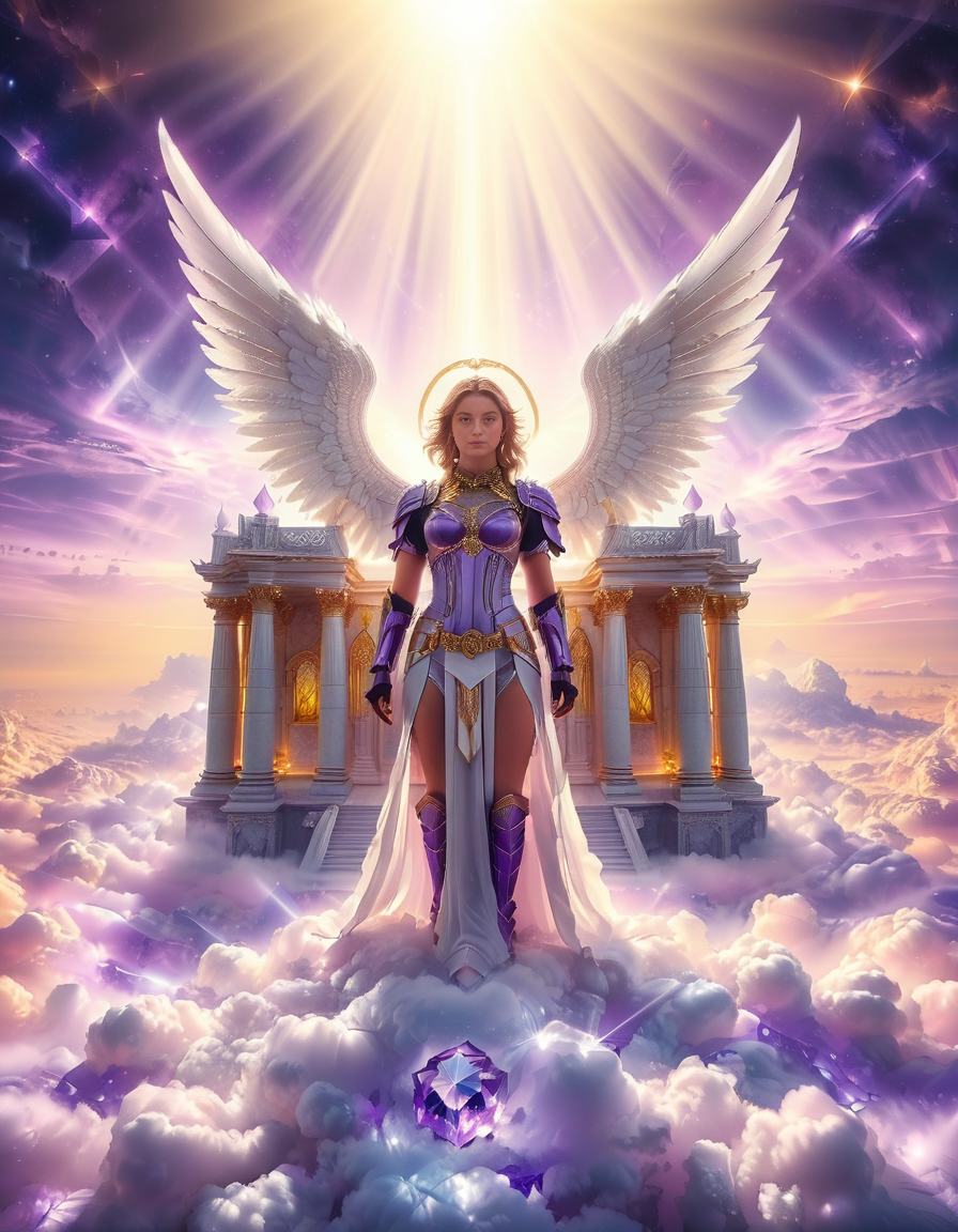 <lora:sky_t3mpl3:1>,cowboy shot,(looking at viewer:1.6),
A fierce warrior angel standing on clouds in front of a majestic celestial sky temple,sky t3mpl3.(arms behind back:1.3), She wears futuristic, sleek black armor with purple accents, blending fantasy and sci-fi elements. Her armor is adorned with glowing, purple gemstones at her chest and shoulders, radiating a soft light that matches the ethereal surroundings. Large, metallic angel wings with a high-tech design extend from her back, with white feathers and metallic frames, combining elegance with strength. She looks directly at the photographer with an intense, focused gaze, creating a powerful connection with the viewer. Behind her, the grand temple is made of gleaming, white stone and crystal pillars, floating among the clouds, illuminated by soft rays of heavenly light. The sky is filled with a soft pink and purple glow, casting a serene yet powerful atmosphere around this divine guardian.<lora:SDXLFaeTastic2400:0.4> <lora:extremely_detailed:0.4> extremely detailed,, Masterpiece,best quality,hi res,8k,hi res,8k,award winning,(sharp focus, intricate, highly detailed),