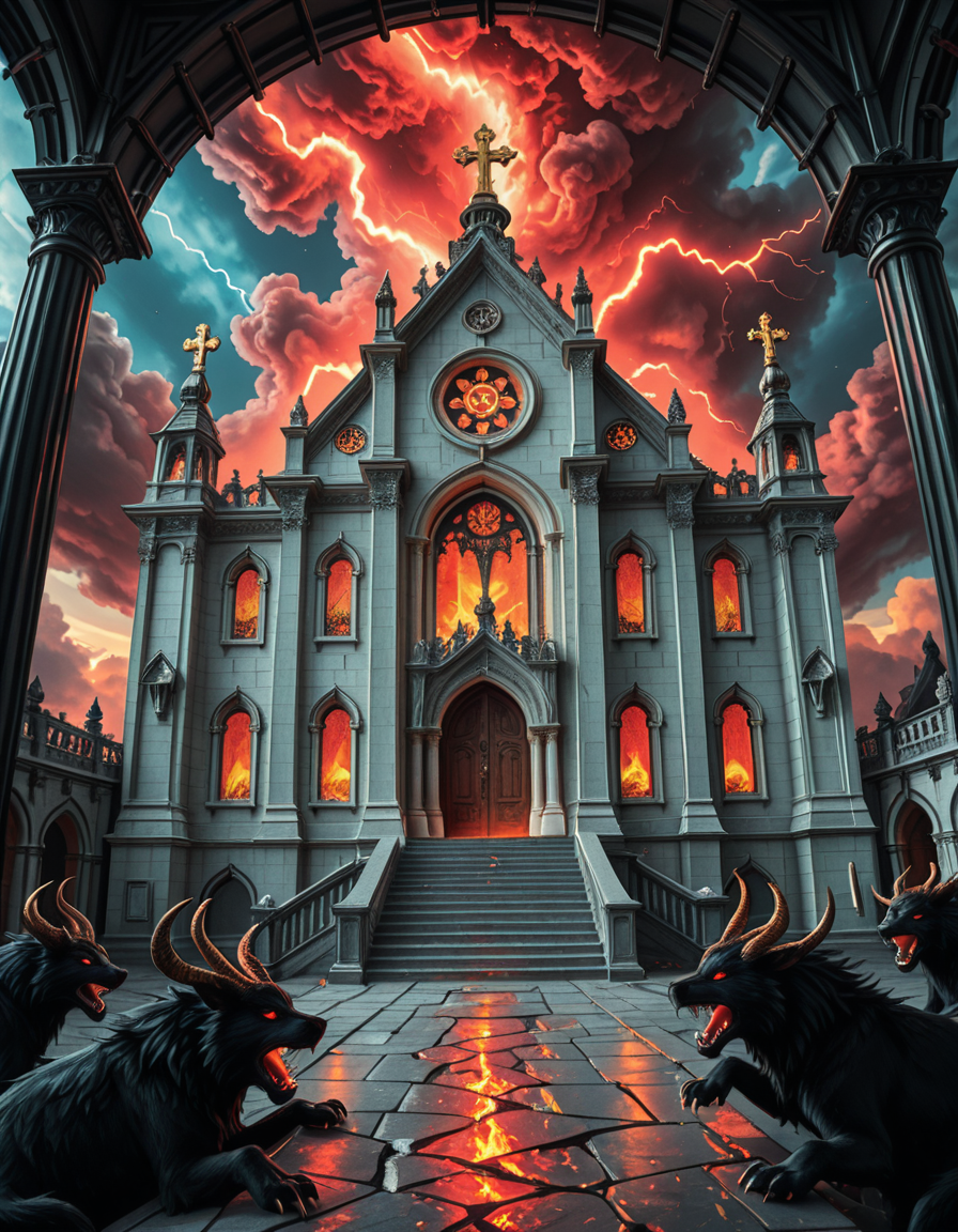 A once-majestic celestial temple, now under siege by the forces of Hell. The grand white stone structure is cracked and scorched, its golden crosses twisted and broken. The stained-glass windows, once glowing with warm divine light, are now shattered, with demonic symbols glowing ominously in their place. The sky, once a serene blue, is now consumed by dark storm clouds, swirling with red lightning and thick smoke.
Black, jagged chains extend from the sky, wrapping around the temple as if trying to pull it down into the abyss. The once-fluffy clouds beneath the structure are now a chaotic mix of fire, ash, and dark mist, with glimpses of molten lava cracks below. Infernal creatures with glowing red eyes lurk in the shadows, their silhouettes barely visible through the smoke and fire.
The temple doors are blown open, revealing an eerie red glow emanating from within, as if Hell itself is consuming the sacred space. Massive demonic runes are etched into the stone, pulsating with an unholy energy. The entire scene is bathed in a deep crimson and orange glow, giving it an apocalyptic and nightmarish atmosphere.
Style & Lighting:
- Dark fantasy, highly detailed
- Dramatic, high-contrast lighting with fiery glows
- Cinematic composition, epic scale
- Strong use of shadows, embers, and atmospheric foghighly detailed and atmospheric view from inside a massive birdcage, large enough for a human to stand inside. The cage is made of ornate, aged metal bars with intricate Victorian-style patterns, curving elegantly towards the domed ceiling. Sunlight filters through the gaps between the bars, casting long, dramatic shadows on the wooden floor. Delicate vines and small flowers have begun to grow around the bars, adding a touch of nature reclaiming the space. The background beyond the cage is blurred, hinting at a lush garden or a mysterious, abandoned mansion. The ambiance is serene yet slightly melancholic, with warm golden light illuminating dust particles floating in the air. Soft feathers are scattered on the floor, adding to the sense of quiet abandonment. The perspective makes the viewer feel as if they are inside the cage, looking outward, surrounded by both beauty and confinement. The style is highly detailed and realistic, with a cinematic and slightly surreal atmosphere.
<lora:SDXLFaeTastic2400:0.4> <lora:extremely_detailed:0.4> extremely detailed, <lora:evil_celestial_t3mpl3-i:1>,evil celestial t3mpl3, Masterpiece,best quality,hi res,8k,hi res,8k,award winning,(sharp focus, intricate, highly detailed),