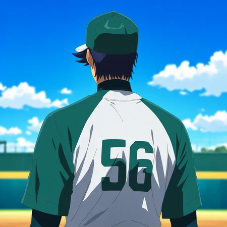 masterpiece,high score,great score,absurdres,goro shigeno,1boy,male focus,solo,hat,baseball uniform,no.56 baseball uniform,sportswear,from behind,baseball cap,outdoors,cloud,sky,upper body,day,blurry,blue sky,green headwear,blurry background,indiana hornets baseball jersey,white-green baseball jersey,<lora:Goro_Shigeno_V1-1:0.8>,official art,