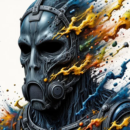 Zombie soldier wearing a biohazard gas mask, black and gold filigree, navy and gold vapor swirls, details in details