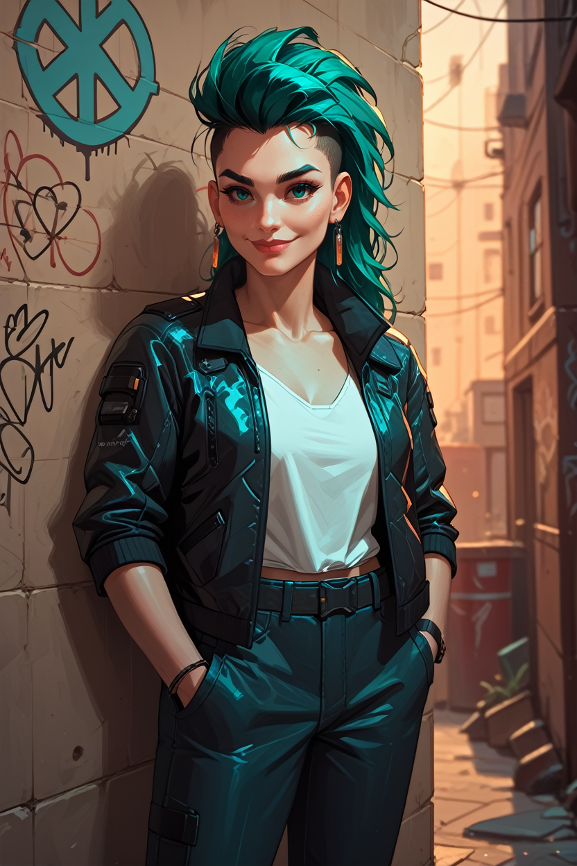 score_9, score_8_up, score_7_up, score_6_up
<lora:CyberRogueYoung:0.8>
CyberRogueYoung, 1girl, aqua hair, asymmetrical hair, looking at viewer, playful smile, standing, hands in pockets, leaning against wall, graffiti-covered alley, evening light, vibrant colors