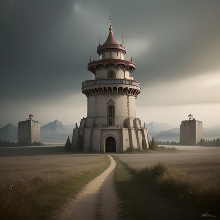 realistic analog photo, award winning photo, vary wide shot of (authoritarian) Cement witow (Military watchtower), fortified, building, scenery, dirt path, (on a hilltop), nature, outdoors, RAW, highres, 8k, uhd, High Dynamic Range, tonemapping, crisp details,