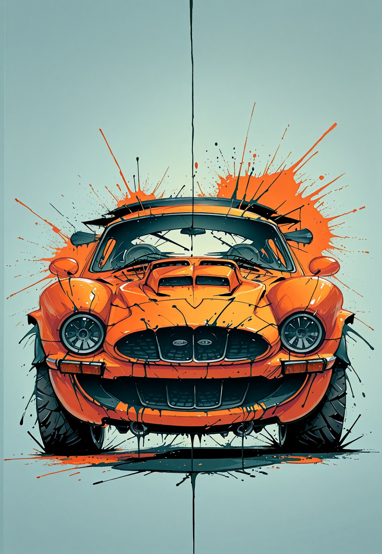 masterpiece, best quality, 1nkPnk, car, motor vehicle, ground vehicle, vehicle focus, sports car, no humans,  solo, rough sketch, messy, comic art style, ink splatter, painting (medium), paint, ink (medium), pencil (medium), sketch