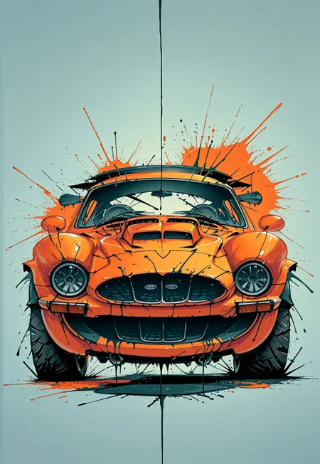 masterpiece, best quality, 1nkPnk, car, motor vehicle, ground vehicle, vehicle focus, sports car, no humans, solo, rough sketch, messy, comic art style, ink splatter, painting (medium), paint, ink (medium), pencil (medium), sketch
