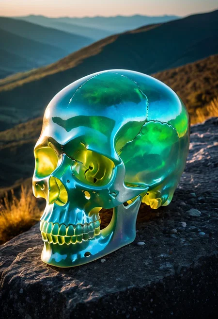 Fujifilm XT3, Sony A7 IV, (award winning photography) a translucent skull made of opal set on a stone ledge in the early morning light, glistening. in the background beautiful valleys, divine iridescent glowing, opalescent textures, volumetric light, ethereal, sparkling, studio photo, highly detailed, sharp focus (highest quality: 1.39) (highest coherency: 1.39) (award winning photography), highly detailed photography, (muted colors, cinematic, dim colors, soothing tones:1.2), vibrant, insanely detailed, hyperdetailed, (dark shot:1.2), (vsco:0.3), (intricate details:0.9), (hdr, hyperdetailed:1.2) (vignette), sss