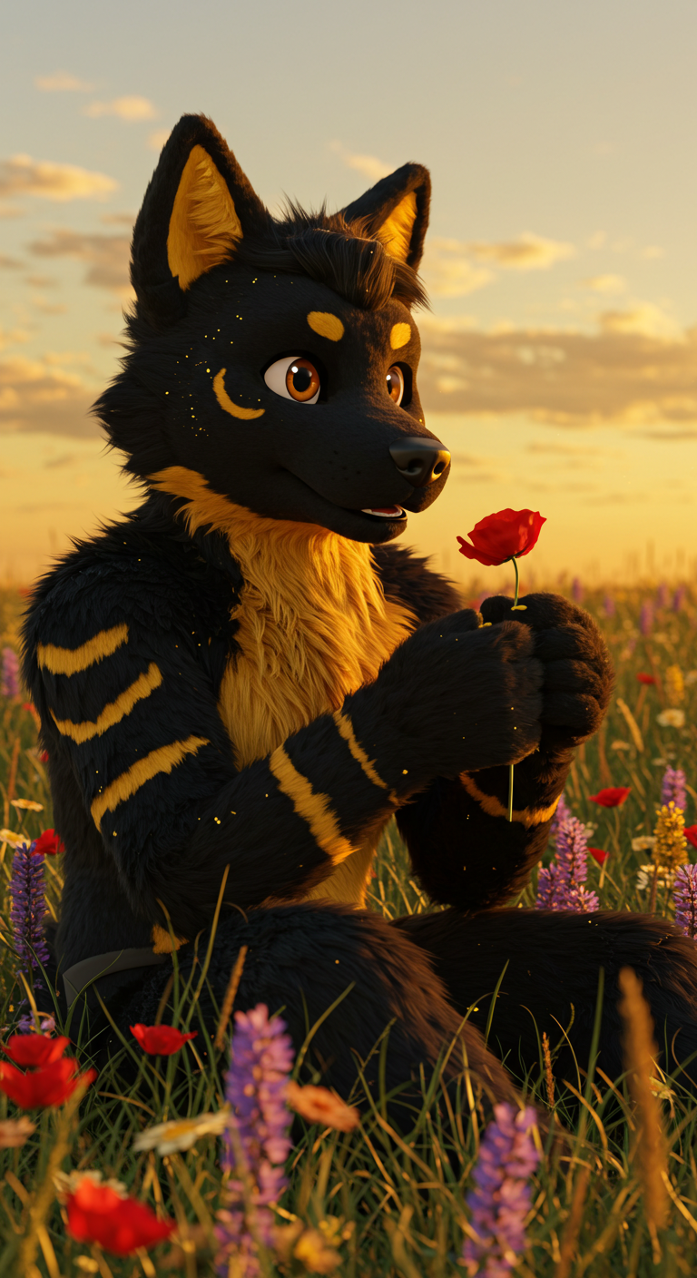"Vibrant, photorealistic 3D render of a male wolf fursuit character: - Black and gold fur with subtle shimmering highlights - Large, piercing amber eyes and a calm, serene smile - Golden accents on the chest and tail with ultra-detailed fur textures Scene: - Character sitting peacefully in a vibrant field of wildflowers - Holding a single red flower in its paw, gazing thoughtfully at the horizon - Background includes tall grass, colorful blossoms, and a golden sunset casting warm light - Atmosphere feels tranquil and picturesque Rendering style: - 3D render with cinematic realism - Vibrant colors and ultra-detailed textures - Ultra-HD 8K quality, hyperrealistic and lifelike - Masterpiece-level digital media artwork, detailed fur and face textures - High-quality, live-action aesthetic" thong