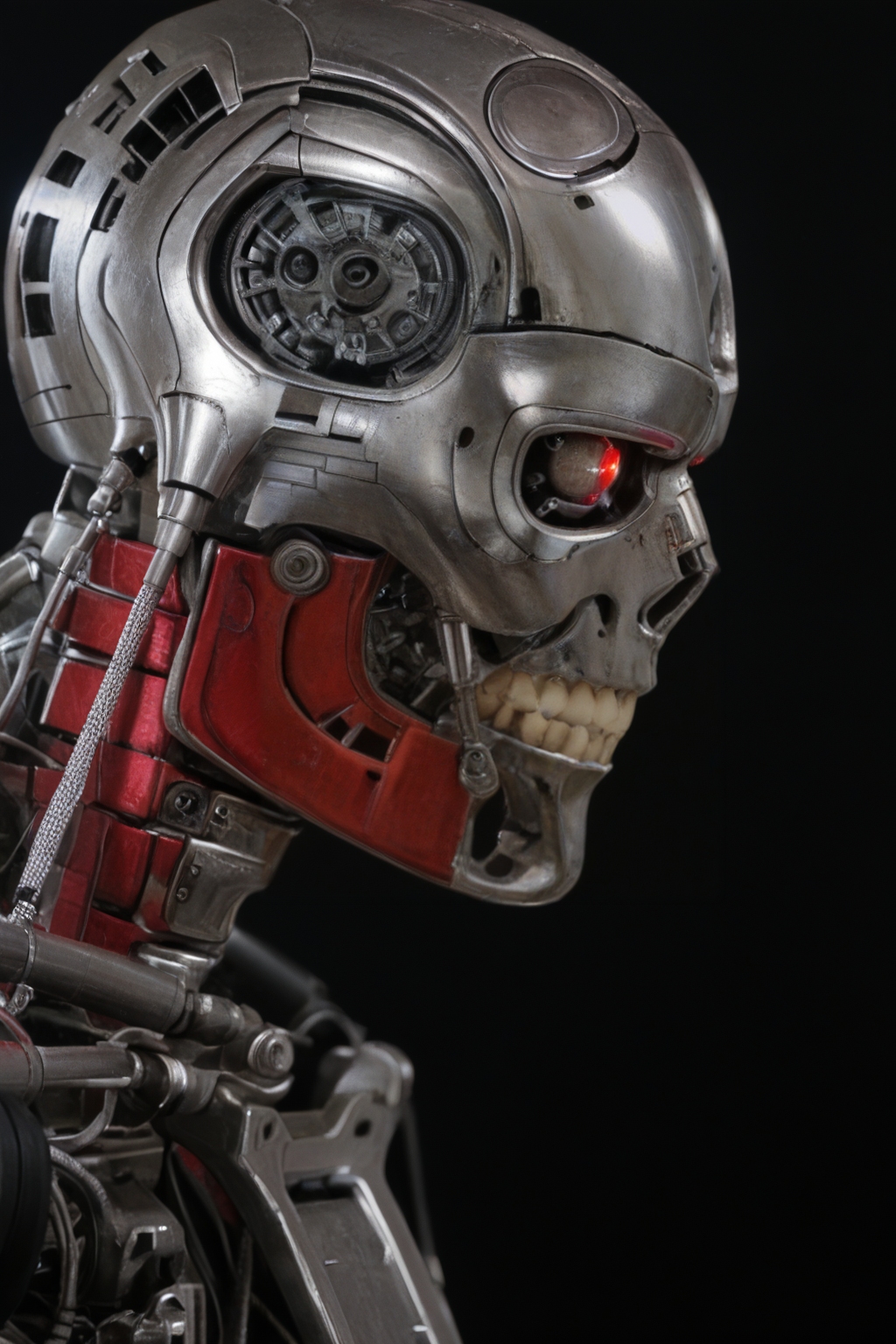 T800_Endo, Terminator robot, score_9, score_8_up, score_7_up, (source_IRL, source_movie), cinematic, realistic, masterpiece, high quality, highres RAW photo, ((close-up shot, close-up head shot, side profile view, from the side))
a T800_Endo Terminator Robot with red eyes, he is made of metal, he is made of shiny chrome metal, new, clean, <lora:T800_Endo_Terminator_Pony-000010:1>
(standing)
black background
dynamic lighting, highly detailed, intricate details