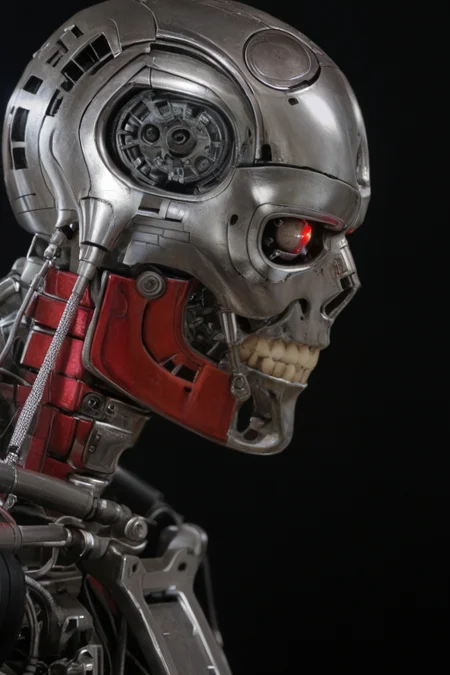 T800_Endo, Terminator robot, score_9, score_8_up, score_7_up, (source_IRL, source_movie), cinematic, realistic, masterpiece, high quality, highres RAW photo, ((close-up shot, close-up head shot, side profile view, from the side))
a T800_Endo Terminator Robot with red eyes, he is made of metal, he is made of shiny chrome metal, new, clean, <lora:T800_Endo_Terminator_Pony-000010:1>
(standing)
black background
dynamic lighting, highly detailed, intricate details