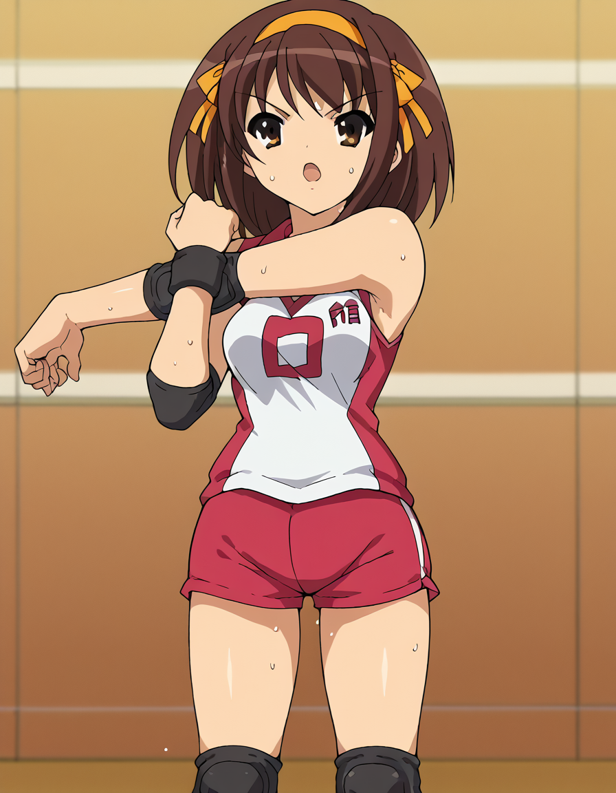 score_9, score_8_up, score_7_up, source_anime, <lora:haruhi-suzumiya-s1-ponyxl-lora-nochekaiser:1>, haruhi suzumiya, short hair, brown hair, brown eyes, hairband, medium hair, ribbon, hair ribbon,, <lora:volleyball-uniform-ponyxl-lora-nochekaiser:1> volleyball uniform, sportswear, elbow pads, elbow sleeve, knee pads, sleeveless, shorts, short shorts,, audience, gym, sweat, open mouth, steam, <lora:cross-body-stretch-ponyxl-lora-nochekaiser:1> cross-body stretch, stretching, arm across chest, exercising,,, cowboy shot,