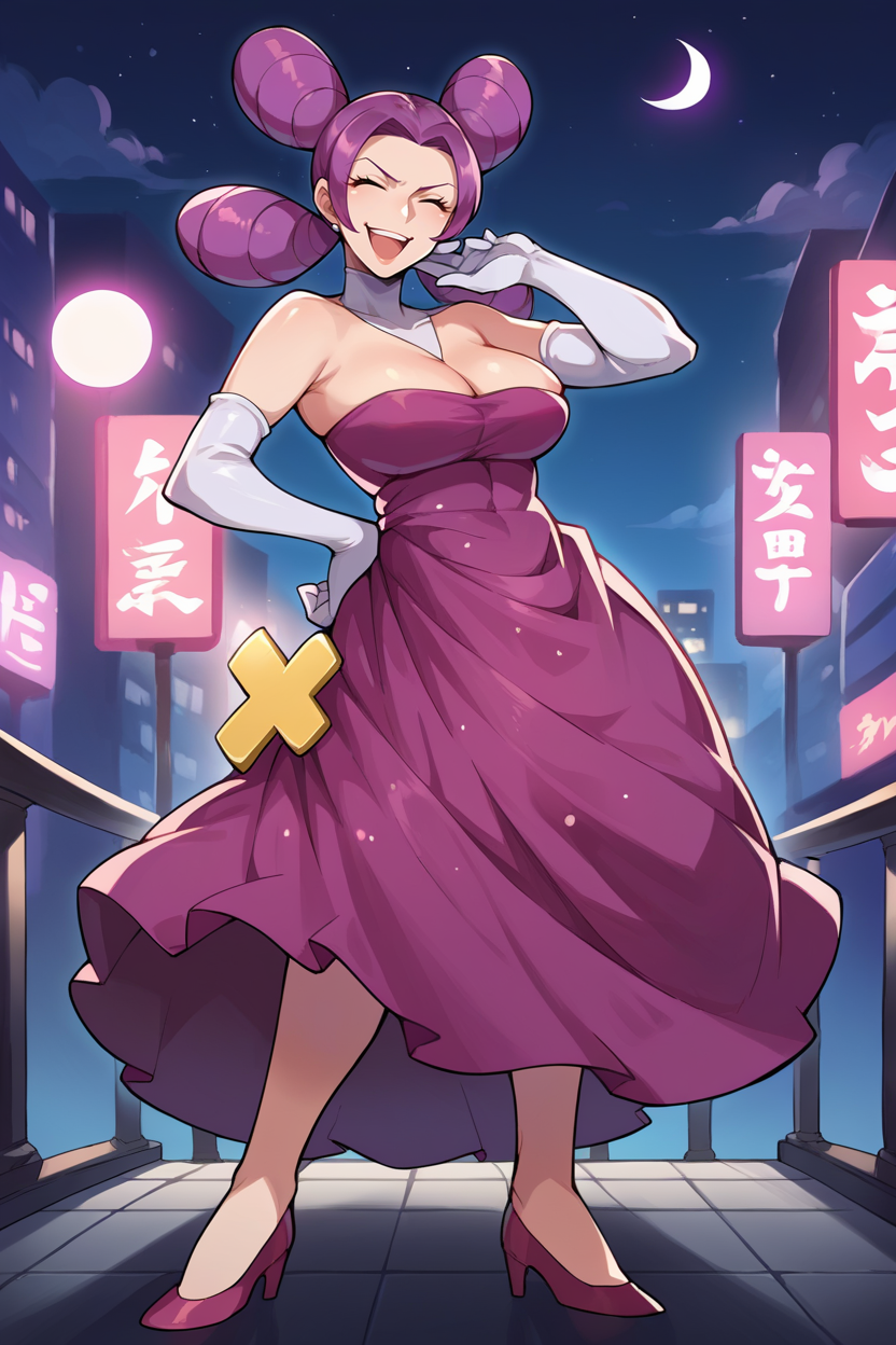 score_9, score_8_up, score_7_up, score_6_up, source_anime, 1girl, solo  <lora:pkmnfantina-pdxl-nvwls-v1-000006:1> fantina, purple hair, double bun, low twintails, white collar, purple dress, cleavage, elbow gloves, mature female, large breasts, high heels, contrapposto, hand on hip, hand to own face, smirk, laughing, open mouth, city, night sky, spotlight, whole body