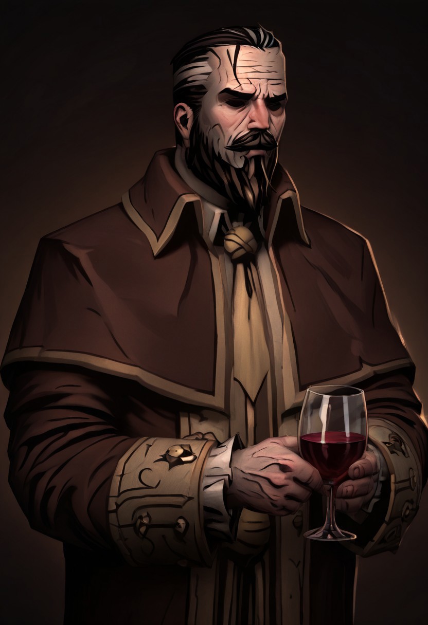 masterpiece, best quality, newest, absurdres, highres, DD2Style-IL.V1.0, black eyes, shaded eyes, solo, solo focus,
A-LMWRE-V1.1, 1boy, old man, robe, buttoms, beard, mustache, facial hair, multicolored hair, coat, two-tone hair, long sleeves, brown robe, black hair,
wine, wine glass, drinking glass, holding glass,