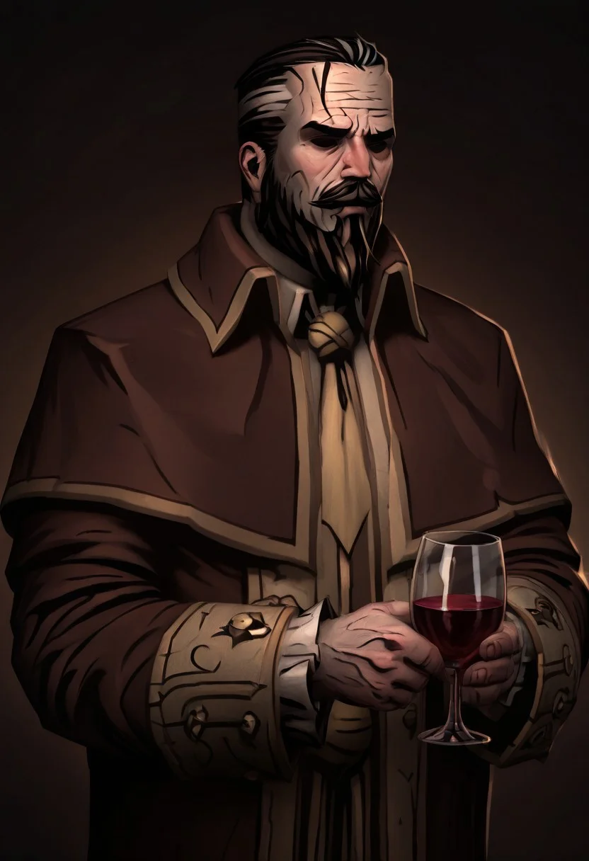 masterpiece, best quality, newest, absurdres, highres, DD2Style-IL.V1.0, black eyes, shaded eyes, solo, solo focus,
A-LMWRE-V1.1, 1boy, old man, robe, buttoms, beard, mustache, facial hair, multicolored hair, coat, two-tone hair, long sleeves, brown robe, black hair,
wine, wine glass, drinking glass, holding glass,
