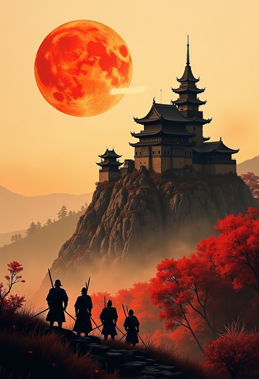 nistyle, Inkplash art on rice paper, sepia, henna , Silhouette Art, magnificent, inksplash poster art, Japanese medieval castle on a hill with Japanese medieval soldiers and samurai in armour standing in formation in front of it, rolling hills and woodland, autumn, sunset