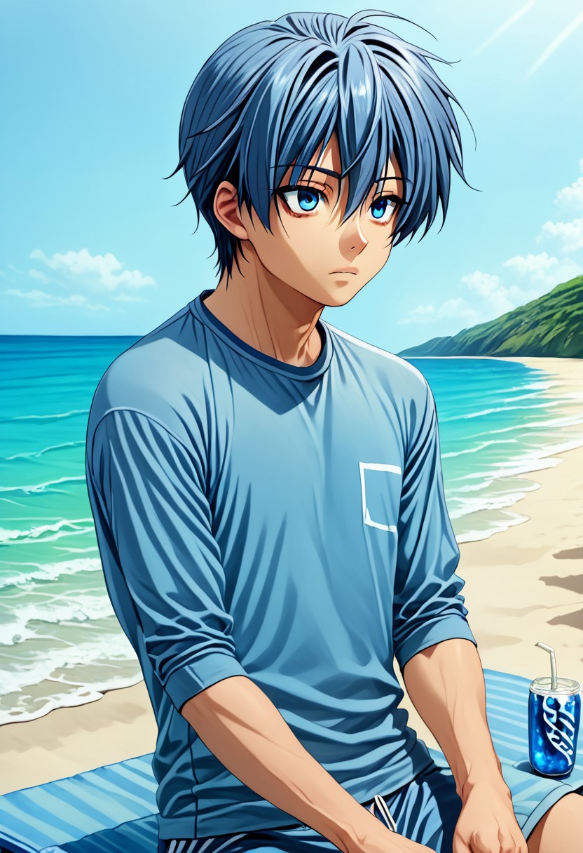 high resolution, solo, best quality, 1Boy, Tomoya Okazaki, Grey Blue Hair, blue eyes, beach, sit, relax, raglan, soft drink,