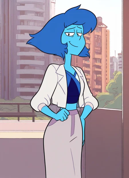 artist:, masterpiece, best quality, newest, very awa, absurdres, highres, sustl, 1girl, lpsl, blue skin, blue hair, looking at viewer, smug, white jacket, midriff, daytime, modern city, apartment, detailed, <lora:Steven-Universe-Style-Illustious:1.0>
