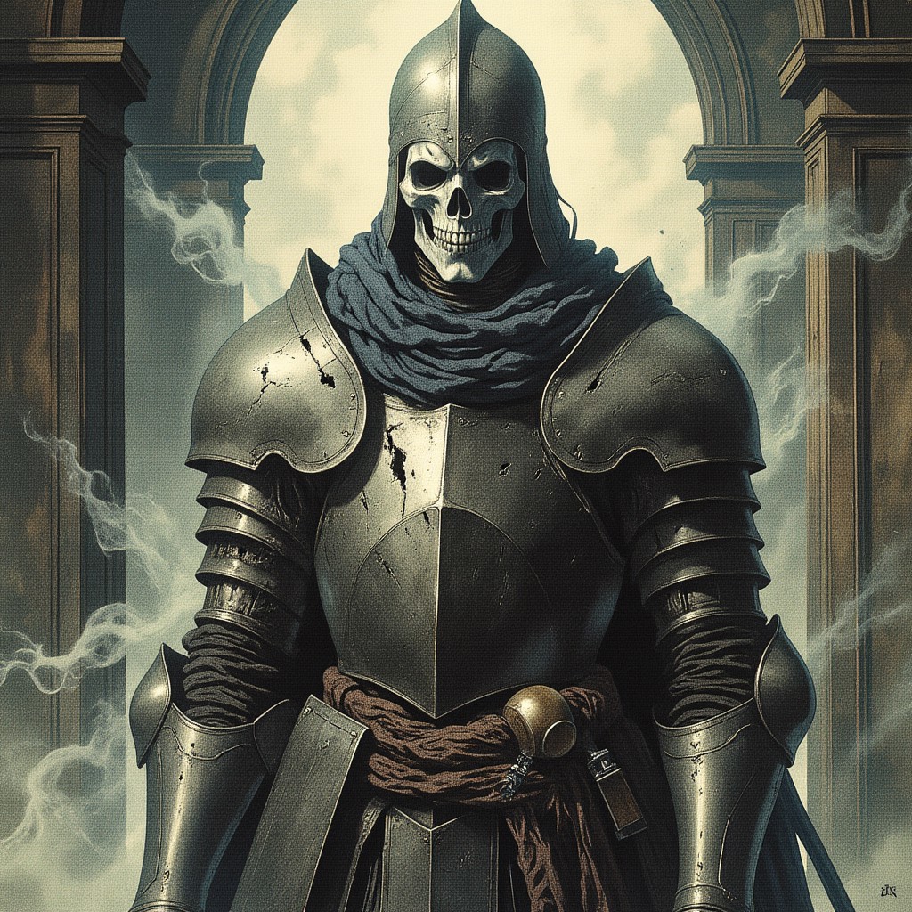 A ghostly undead figure in ancient armor hovers in a dimly lit room, The armor, tarnished and weathered with time, clings to the ghostly figure, with cracks and gaps revealing the misty, swirling essence within. The ghost eyes peer out from beneath a dented helmet. Long, tattered remnants of a cloak drift weightlessly behind it as if caught in a perpetual wind. The armor's metal clinks faintly, echoing in the silence, while the ghost hovers silently, its presence both haunting and regal in the desolate space, cowboy shot