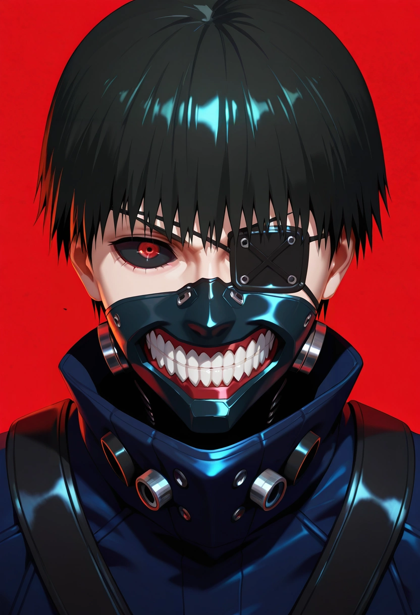 masterpiece, best quality, , (3d:0.4), looking at viewer, 1boy, solo, male focus, <lora:ken_kaneki_ilxl:1>, ken_kaneki, black hair, black eyes, short hair, bangs, , eyepatch, mask, mouth mask, teeth, colored sclera, black sclera, red eyes, heterochromia, ,