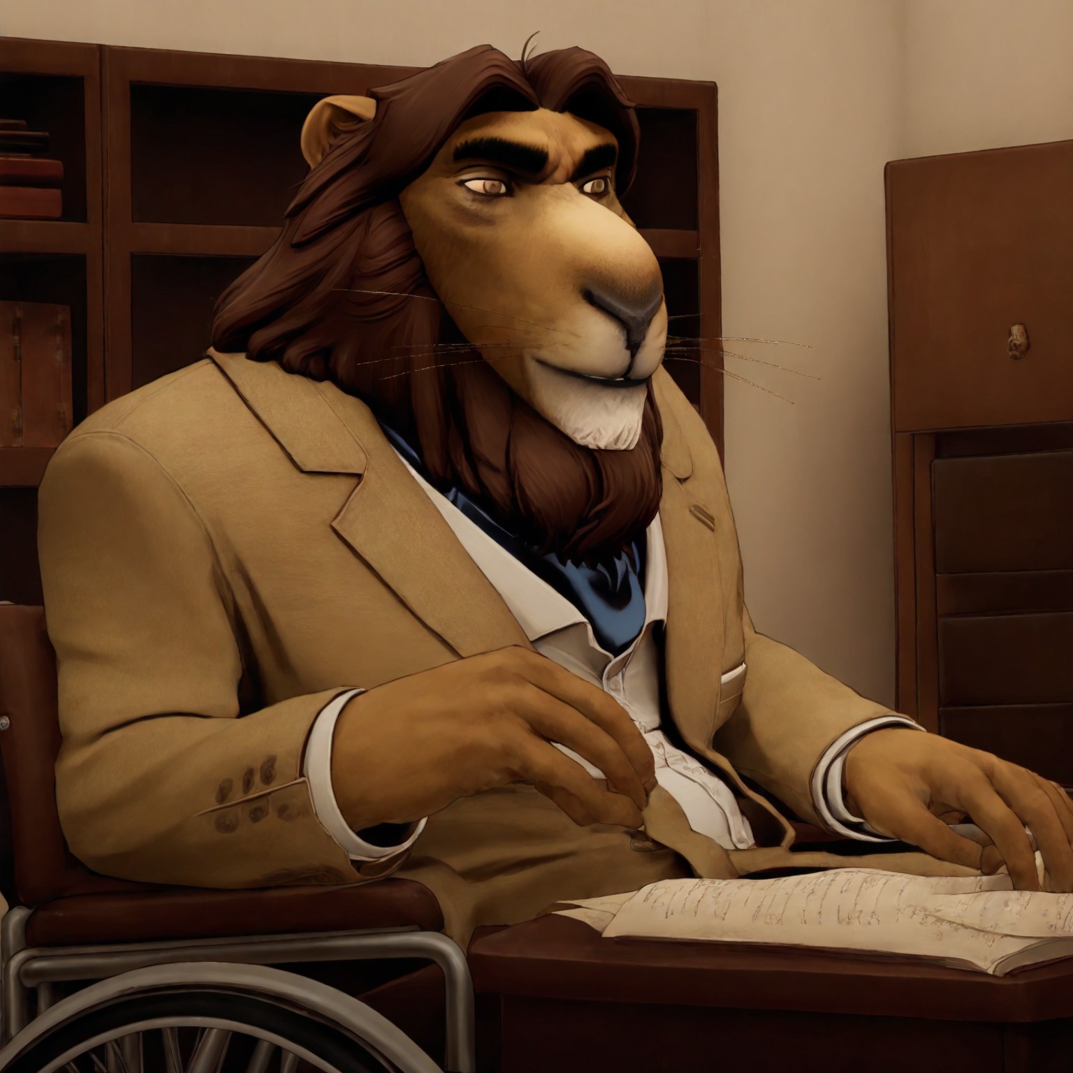 score_9, score_8_up, score_8, masterpiece, best quality, amazing quality, very aesthetic, absurdres, newest, high quality, perfect anatomy, best anatomy, correct anatomy, detailed, solo, Thorpe, 1boy, furry male, brown hair, lion, whiskers, jacket, lion nose, lion ears, facial hair, formal, white collared shirt, blue undershirt, pants, black shoes, fur, thick eyebrows, wheelchair, brown eyes, long hair, older male, desk, bookcase. sitting in wheelchair