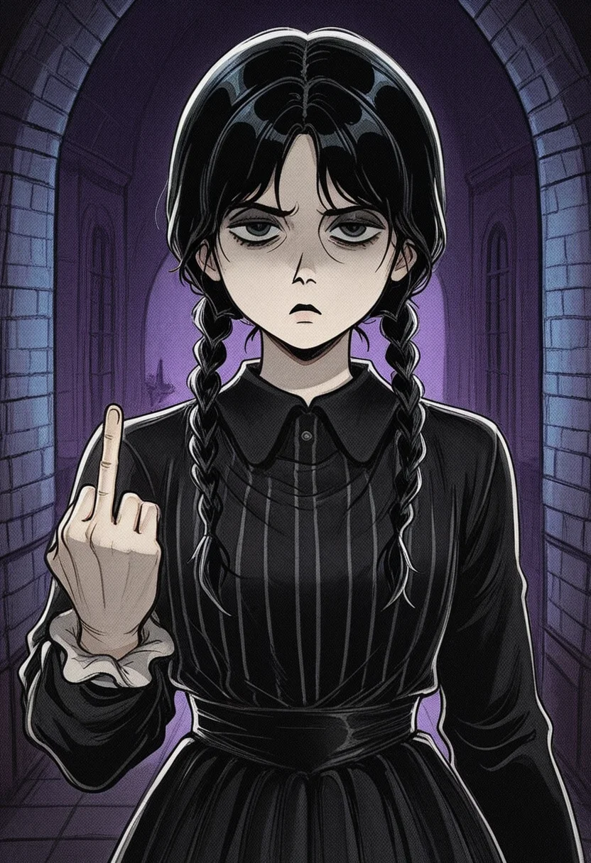 813nm0hstyle, masterpiece, best quality, solo, wednesday addams, black hair, black dress, unimpressed, middle finger, spooky manor