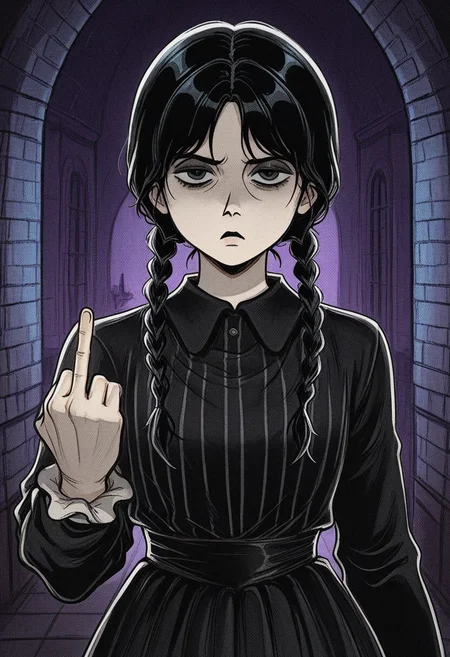 813nm0hstyle, masterpiece, best quality, solo, wednesday addams, black hair, black dress, unimpressed, middle finger, spooky manor