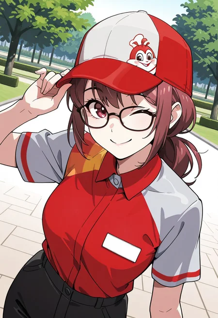 close up, solo, woman, glasses, wink, smile, jollibee_uniform, red collared shirt, name tag, red cap, logo on cap, black pants, smile, park, outdoor, high quality, best quality, masterpiece, 4k resolution, anime