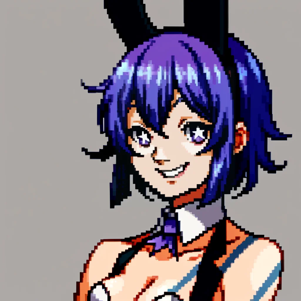 score_9, score_8_up, score_7_up, source_anime, BREAK, solo, 1girl, looking at viewer, <lora:P1-Portraits-pdxl_Fp:1>, portrait, simple background, pixel art, <lora:Tico-pdxl_Fp:0.8>, ticodesu2, purple hair, purple eyes, star-shaped pupils, short hair, playboy bunny, rabbit ears, tattoo, detached collar, cleavage, sleeveless, smile,