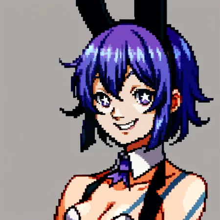 score_9, score_8_up, score_7_up, source_anime, BREAK, solo, 1girl, looking at viewer, <lora:P1-Portraits-pdxl_Fp:1>, portrait, simple background, pixel art, <lora:Tico-pdxl_Fp:0.8>, ticodesu2, purple hair, purple eyes, star-shaped pupils, short hair, playboy bunny, rabbit ears, tattoo, detached collar, cleavage, sleeveless, smile,