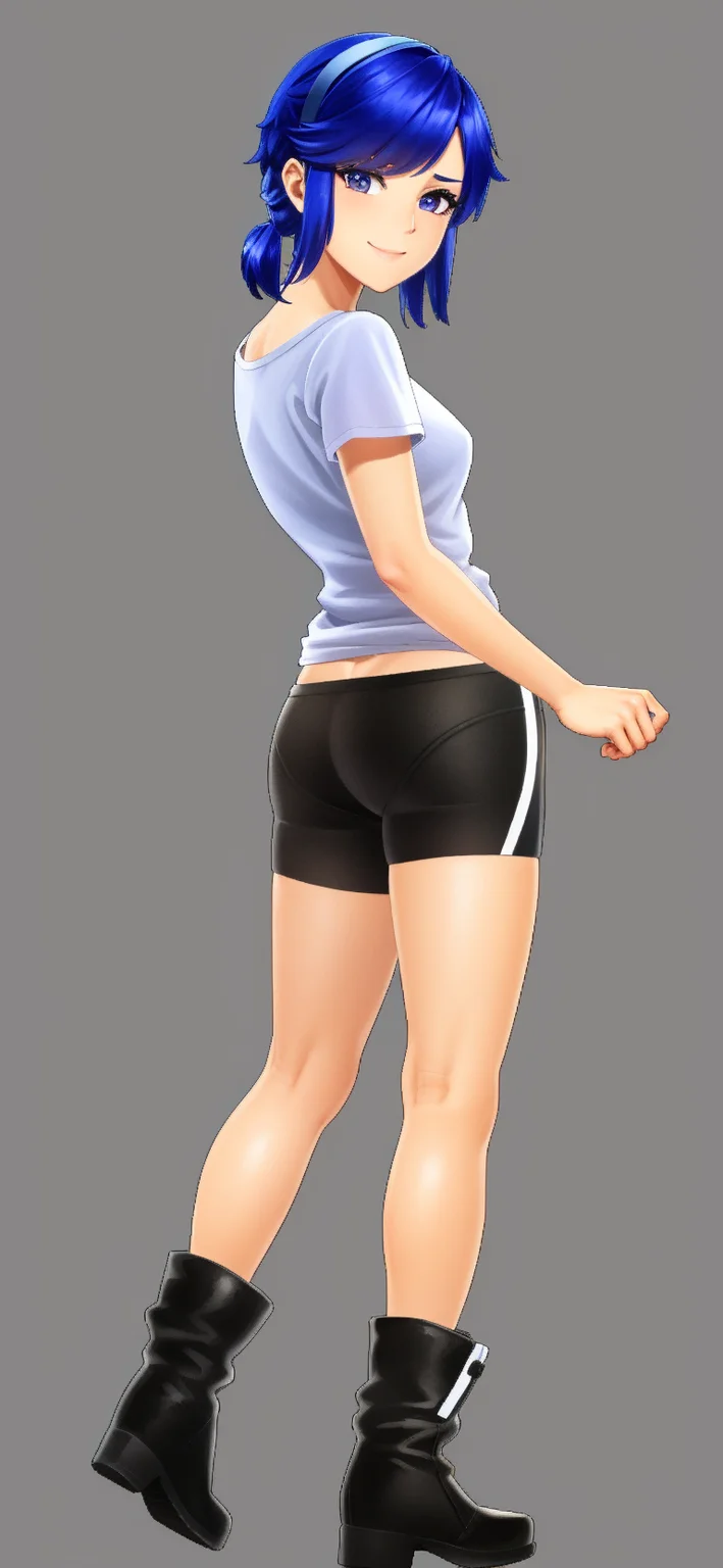 1girl, solo, full body, smile, looking at viewer, <lora:MarvelUltAlly3-000010:1>, marvel ultimate alliance 3, simple background, 3d render, cel shading, animification, purple hair, pigtails, (white shirt, t-shirt, wet, wet shirt, transparent, taut shirt, small breasts), (bike shorts, bare legs), glowing, heeled boots, (from behind, looking back), ass
