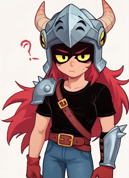 score_9, score_8_up, score_7_up, BREAK, <lora:bsdraco:1>bsdraco , 1boy, helmet, horns, black eyes , yellow sclera, red hair , long hair, black shirt, belt , jeans, helmet, solo ,long hair, arm armor, shoulder spikes , knee pads, red gloves, <lora:PossumMachine:1>posmach , confused, looking at viewer, ???