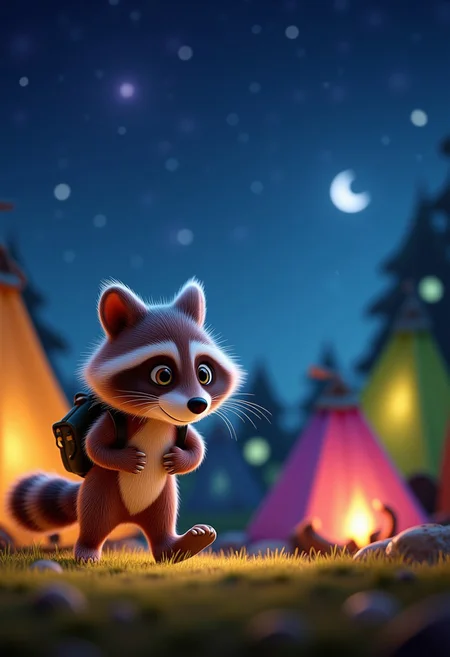 A mischievous raccoon with a little backpack, sneaking through a colorful campsite under a starry sky, with tents and a campfire nearby, a 3D render in the style of 3DMVIE