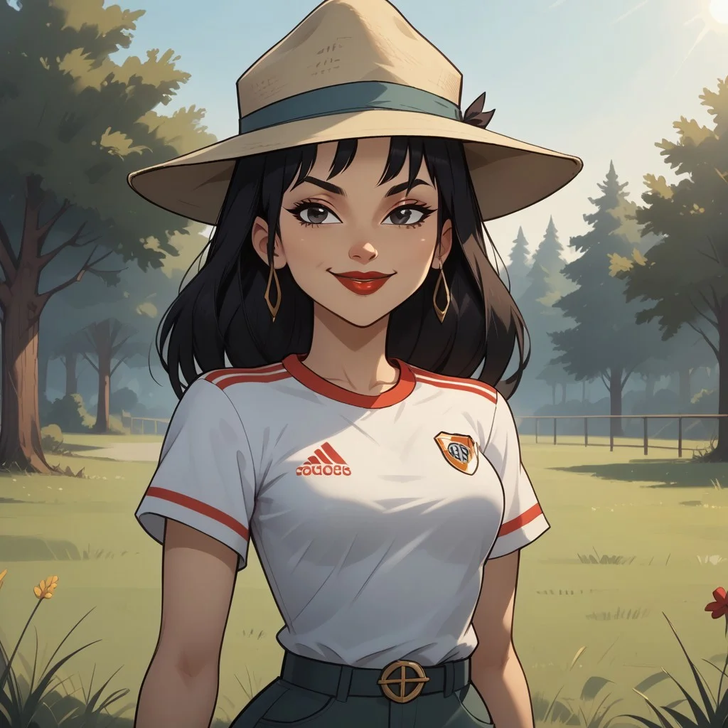 score_9, score_8, BREAK, solo, black hair, fedora hat, RiverPlate, striped shirt, striped, shirt, white shirt, short sleeves, clothes writing, sportswear, soccer uniform, red lips, lipstick, breasts, total drama, Sky_sister_(Total_Drama), cute, sexy pose, self portrait, smile, looking at viewer, outdoors, sunlight, shadows, evening lighting, natural lighting, forest, trees, grass, orange sky, sunset