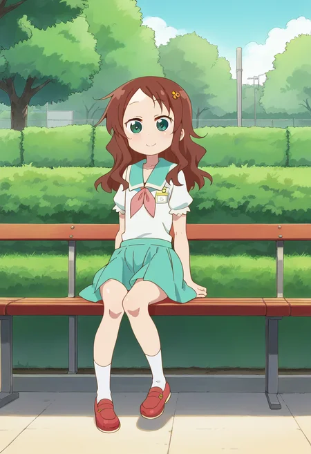 1girl, solo, rikos, saisch, long hair, green skirt, brown hair, hair ornament, green eyes, flower, hair flower, school uniform, shoes, socks, uwabaki <lora:PonyXL Riko Saikawa:1>, score_9, score_8_up, score_7_up, score_6_up, score_5_up, score_4_up , anime coloring ,BREAK source_anime, anime,
looking at viewer, smile,
outdoors, park, sitting on bench,