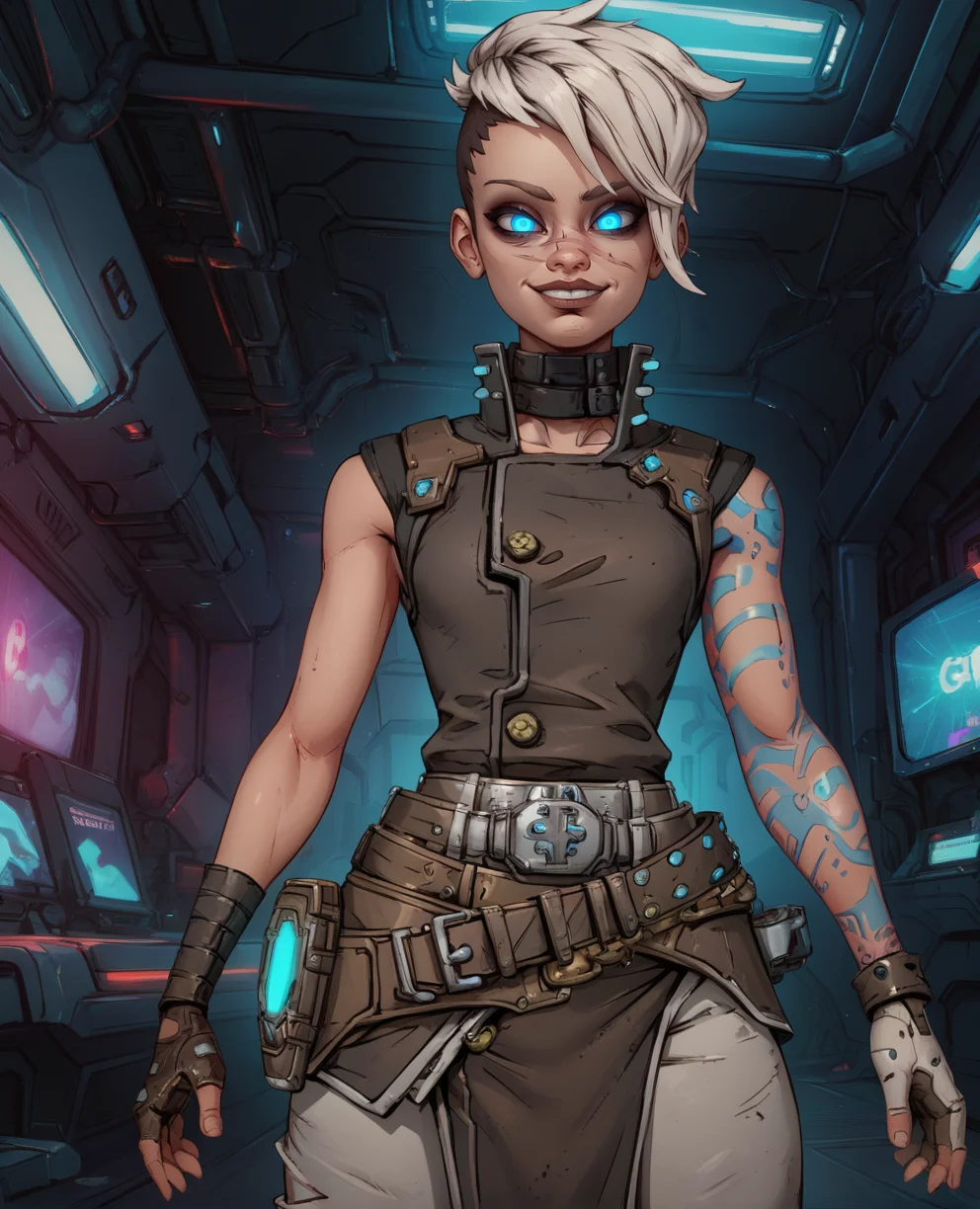 score_9,score_8_up,score_7_up,
glowing eyes,
Tyreen,white hair,blue eyes,two-tone hair,scar on face,undercut,eyebrow cut,smug,glowing left arm tattoo,
fingerless gloves,sleeveless,belt,pants,collar,shirt,brown top,pelvic curtain,
standing,
cyberpunk,tv show,
<lora:TyreenCalypso91:0.8>,